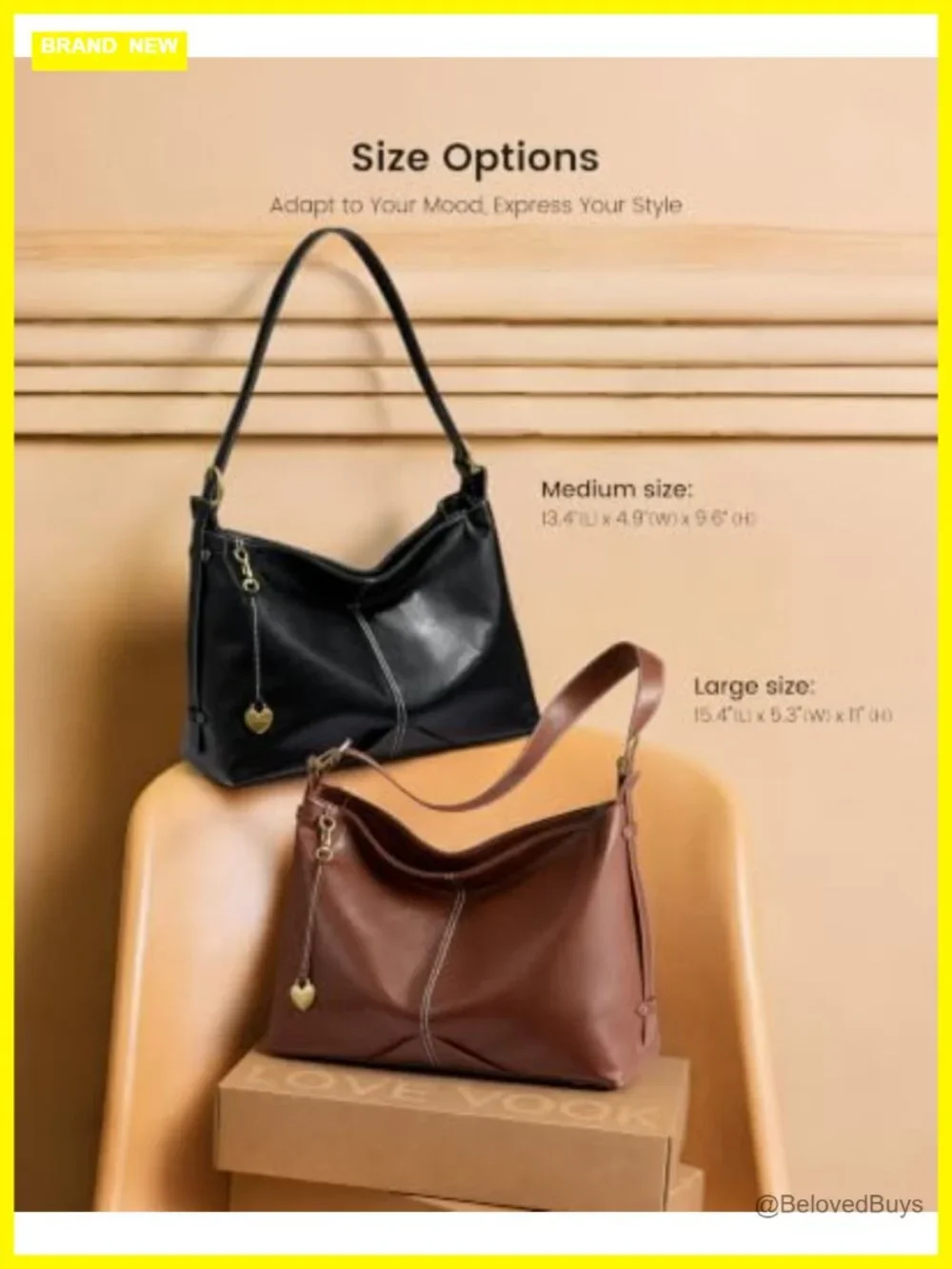 Faux leather hobo bag with heart charm, adjustable strap, medium tote